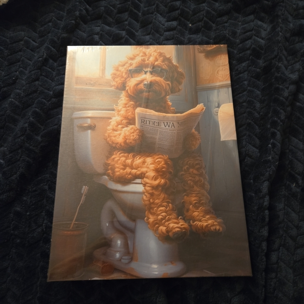 Goldendoodle on toilet Reading newspaper Art Funny Animal Bathroom Wall Art D...